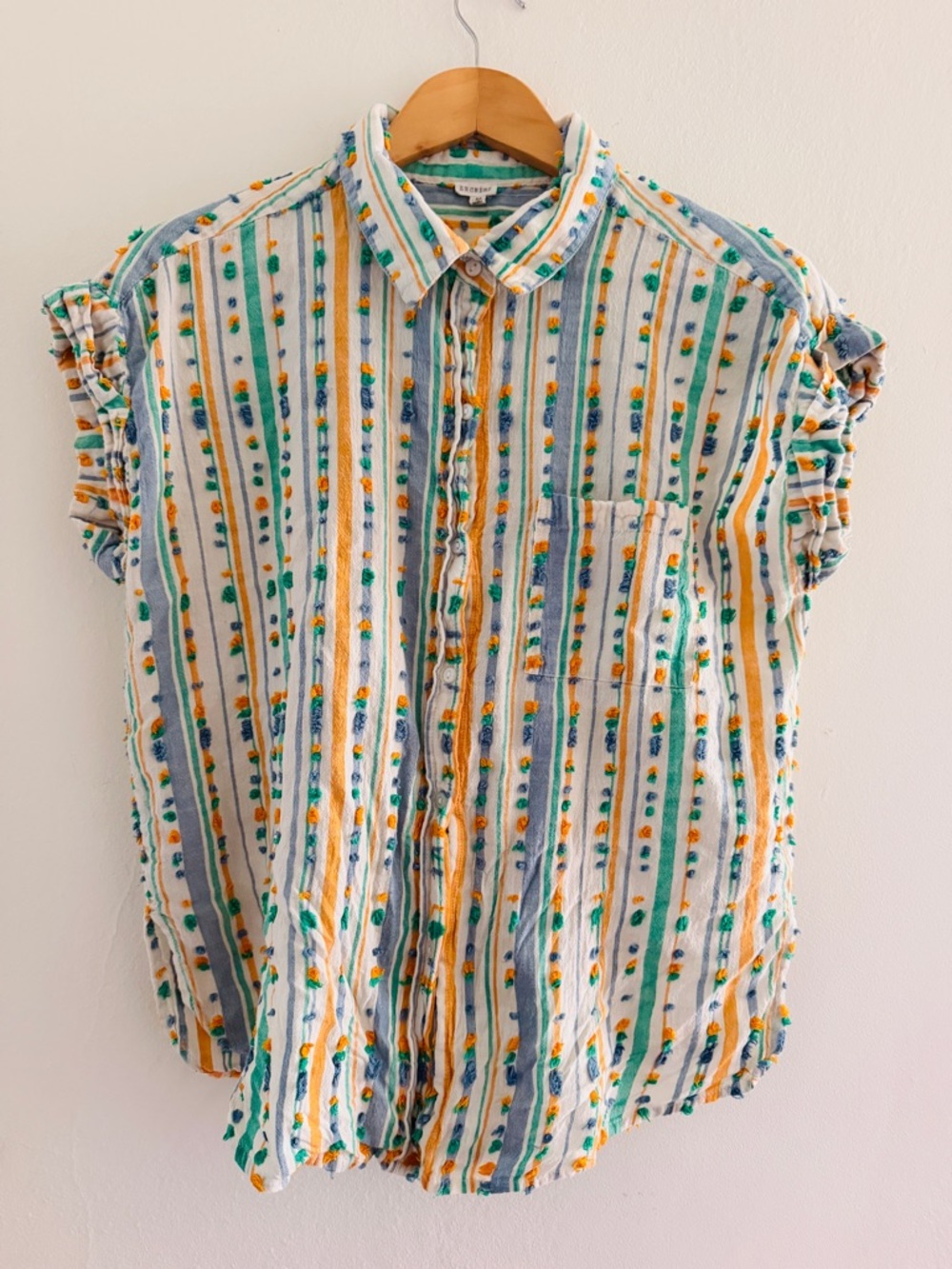 Casual Linen Striped Dot-Embroidered Button-Front Shirt - White/Blue/Yellow